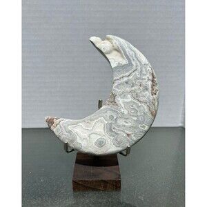 Gorgeous Crazy Lace Agate Crystal Moon with Snow Druzy over 5” tall